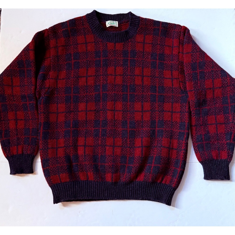Vintage Benetton Shetland Wool Plaid Sweater Red Navy Made in Italy Crewneck